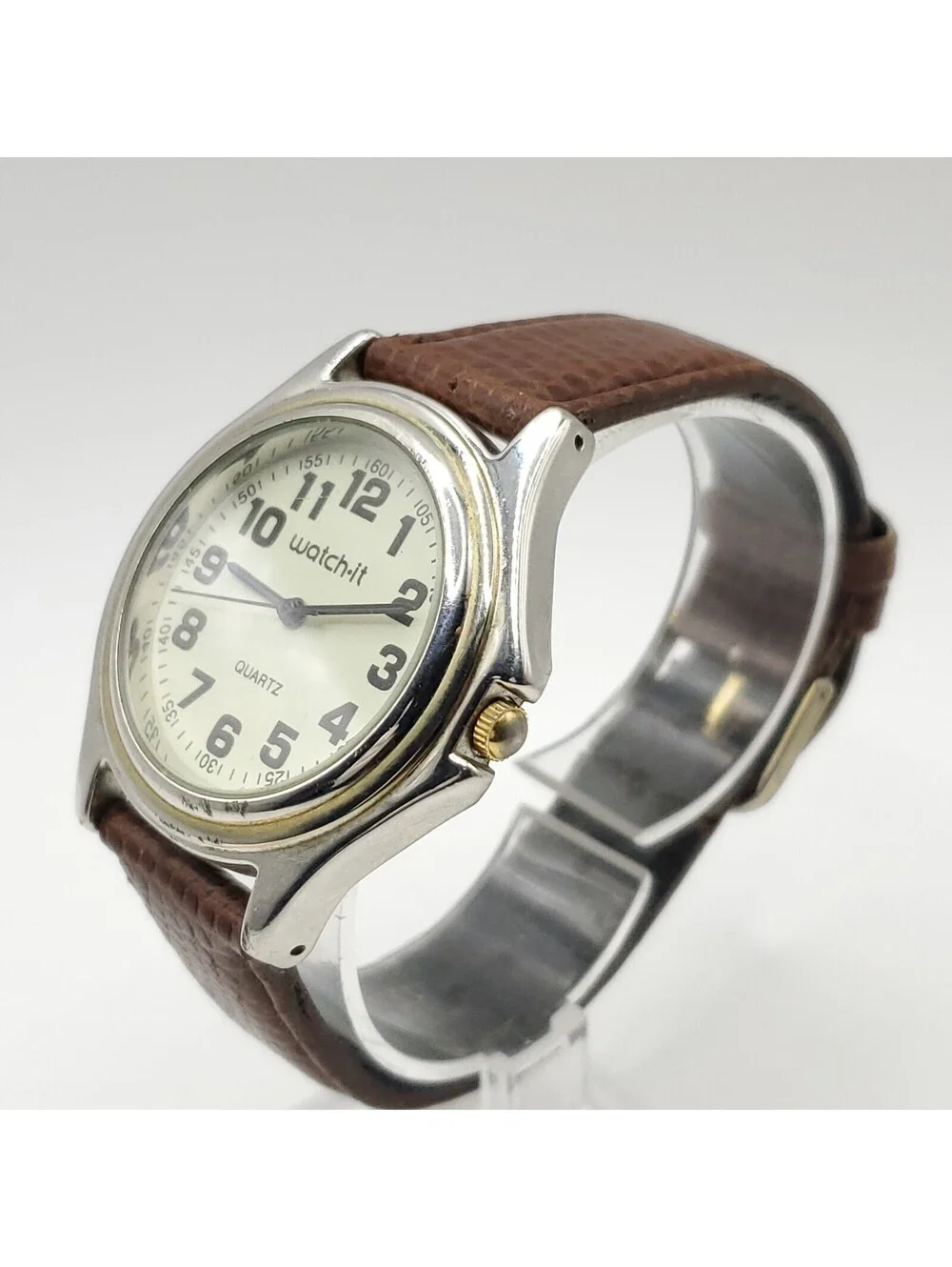 Watch-it Mens 37mm Quartz Watch New Battery Brown Leather Band Silver Tone